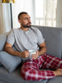 Men summer pajama set Greyish T-shirt + Dark Red X Greyish Tartan Plaid Pants